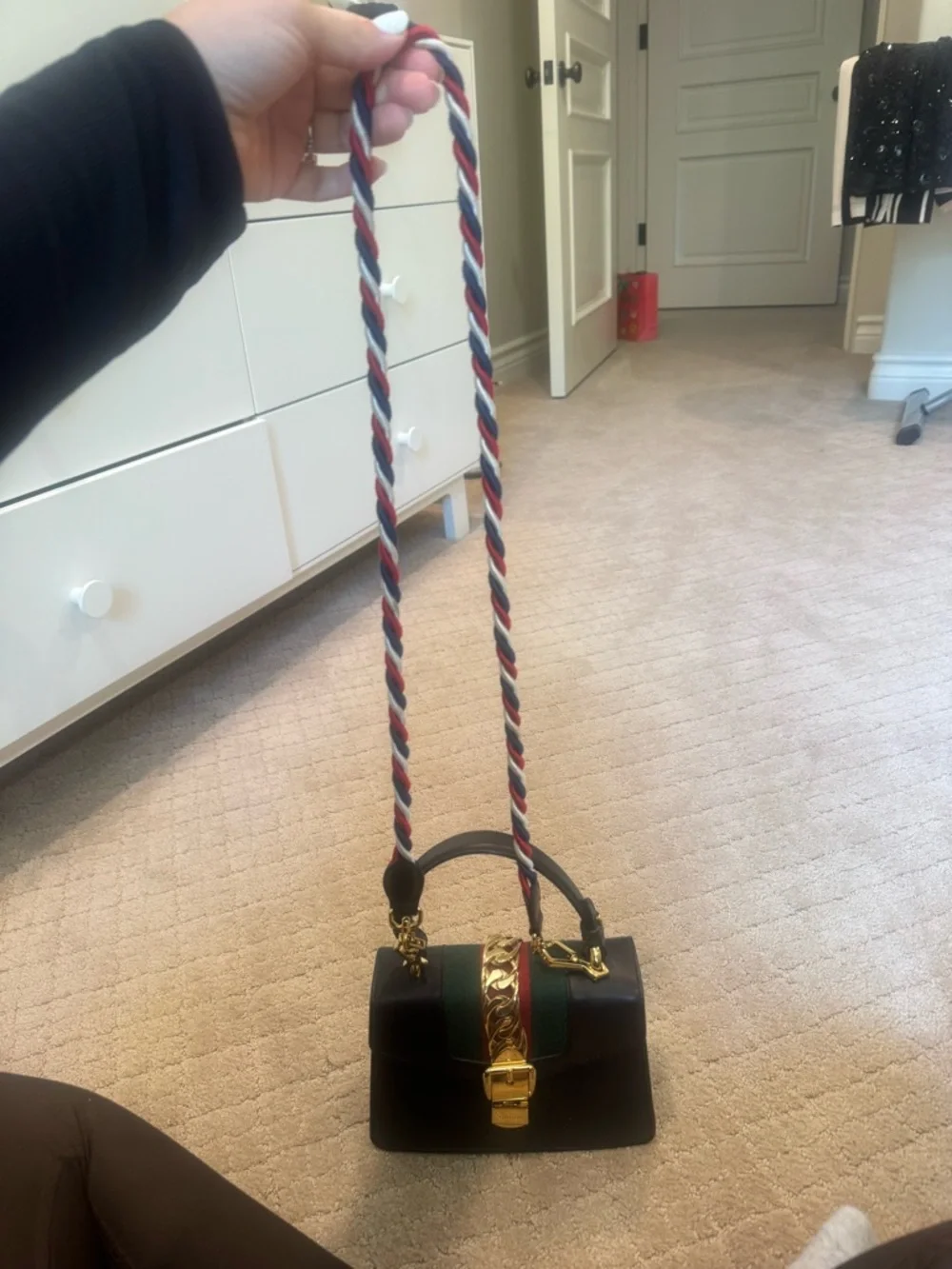 Gucci Black Leather Mini Top-Handle Bag with Green & Red Stripe - Picture 3 of 13